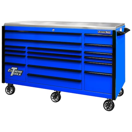 Extreme Tools Roller Cabinet, 17 Drawer, Blue, 72 in W x 30 in D EX7217RCQBLBK